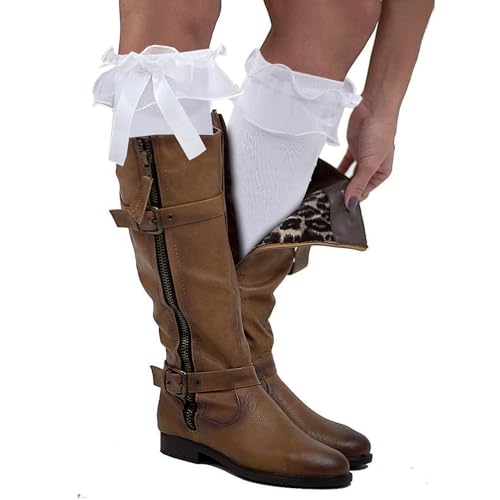 2 Pairs Women & Girl's Lace Knee High Socks with Ruffle Trim, White Boot Socks, Thigh High Stockings Over Knee Long Stockings