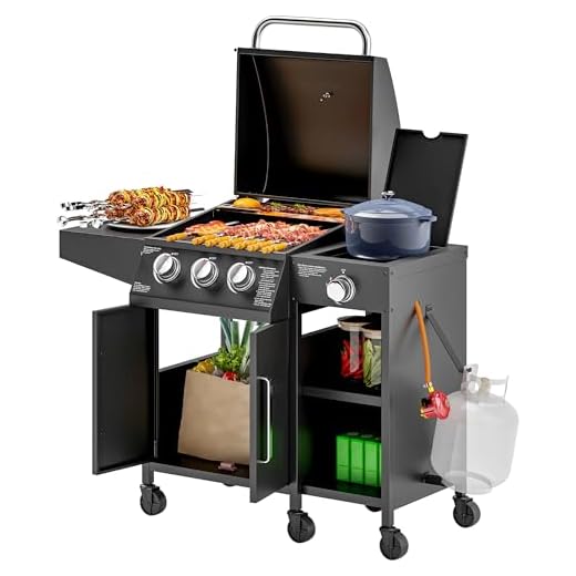 Outsunny 3+1 Burner Gas BBQ Grill with Storage Cabinet and Shelves, 9.5 kW Gas Barbecue Trolley with 6 Castor Wheels, Warming Rack, Thermometer for Outdoor Cooking Garden Party, Black