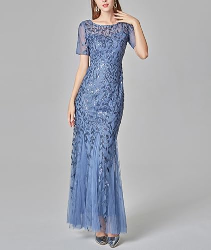 ECDAHICC Dames Ronde Hals Bodem Lengte Paillette Bestikte Avondjurk Korte Mouwen Feest Dans Bruidsmeisjes Jurk Flitsend Zeemeerminnen Chiffon Transparant Jurk LB-M ECDAHICC Dames Ronde Hals Bodem Lengte Paillette Bestikte Avondjurk Korte Mouwen Feest Dans Bruidsmeisjes Jurk Flitsend Zeemeerminnen Chiffon Transparant Jurk LB-M