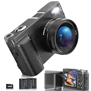 4K Digital Camera for Photography, Autofocus 48MP Vlogging Camera with 32GB Card, 3” 180° Flip Screen Digital Camera with Flash 16X Zoom, Anti-Shake Compact Cameras with 2 Batteries (Black)