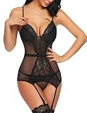 Damen Dessous Set Ungefüttert Bralette Unterwäsche Floral Spitze BH und Slips Strumpfband Set Erotik Reizwäsche S Schwarz