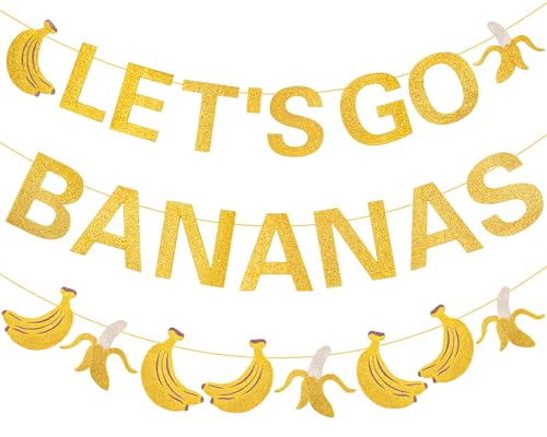 Clabby Pre Strung Banana Birthday Decorations Lets Go Bananas Letter Banner Gold Glitter Fruit Theme Banner for Fruit Birthday Party Baby Shower Supplies