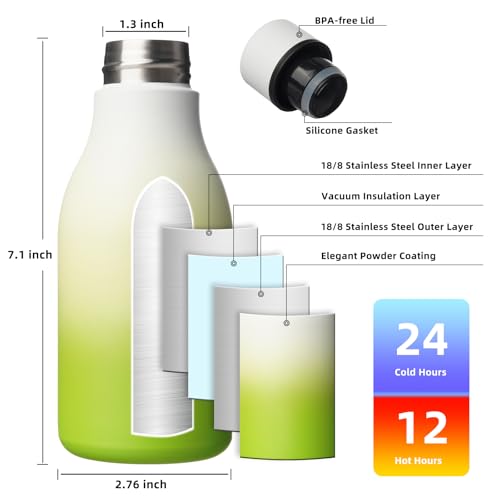Image of BJPKPK Insulated Water Bottles, 12oz Stainless Steel Metal Water Bottle with Strap, BPA Free Leak Proof Jugs, Mugs, Flasks, Reusable Thermal Flasks for Sports & Travel, Elegant Green