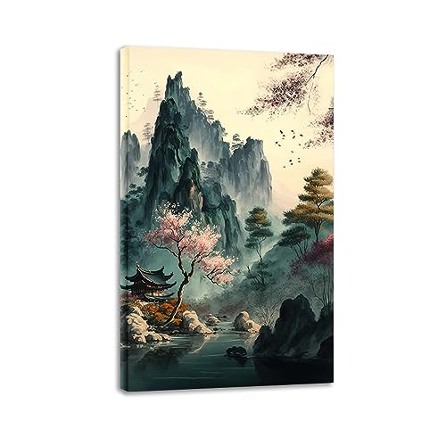 LZ6J8C9 Cuadro de lienzo enmarcado de estilo chino.Cuadros oriental. Impresión de tinta del templo del paisaje sobre lienzo. Cuadro moderno en lienzo decoración 30x48cm (11,8x18,9) enmarcado