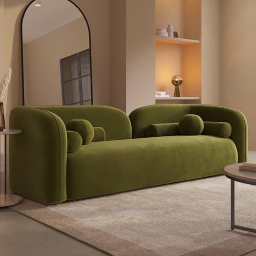 Image of CRAFTCITY Curved 3 Seater Cloud Sofa Upholstered 3 Seater Sofa for Living Room Bedroom Home Office Meeting Room Velvet Fabric Sofa (Green)