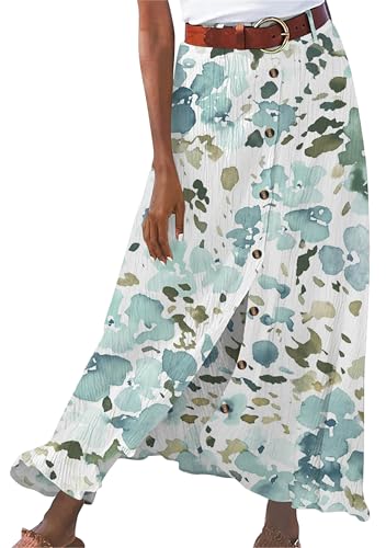 Women's Summer A Line Flared Maxi Skirt Vintage High Waisted Button Down Swing Skirt with Belts