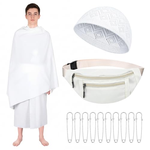 Suhine 14 Pcs Teen Mens Ihram Set for Hajj and Umrah Essentials Islamic Ahram Ehram Towel Waist Belt Kufi Hat and 10 Pins(Teen Size)