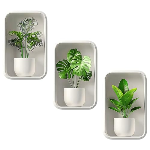 Simsky 3 Stück 3D Wandtattoo Blumen, Selbstklebende Wandsticker für Wohnzimmer, Badezimmer & Schlafzimmer, Modernes Wandbild Set als Wanddekoration mit Pflanzen- und Vasenmotiven