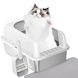 Prodigen Stainless Steel Cat Litter Box with Lid High Wall Sides Enclosure, Non-Sticky, Anti-Leakage, Easy Cleaning, with Cat Mat & Metal Scoop, 19.6' L x 14' W x 12' H