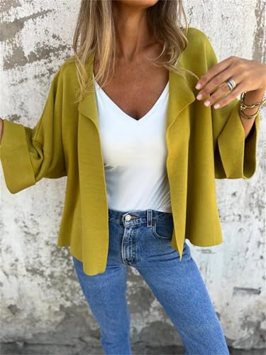 Peculiar Faux Suede Cardigan, Women's 3/4 Sleeve Lapel Solid Color Jacket, Casual Open Front Lapel Draped Outwear3