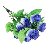 Honseadek Ramo de 10 capullos de rosas artificiales de seda para decoración de bodas y hogar, flores falsas de estilo vintage con tallos de 42 cm para jardín al aire libre floral (azul)