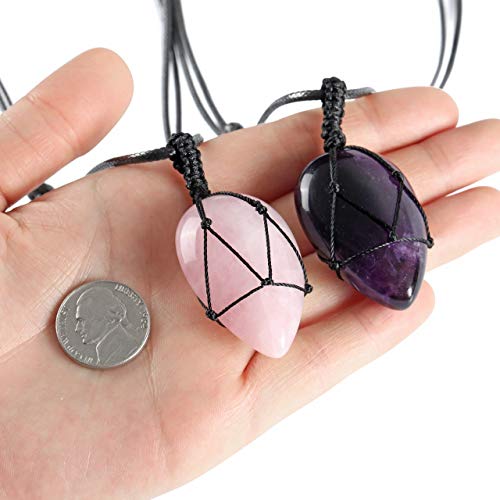 Jovivi Healing Crystals Necklace Handmade Wire Wrapped Copper Natural Amethyst Rose Quartz Gemstone Teardrop Heart Chakra Beads Stone Pendant Quartz Jewelry For Women Men Adjustable #TOP3