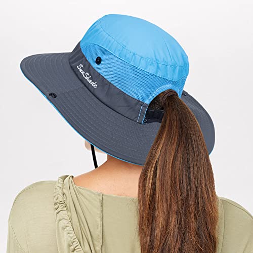 Image of Sun Hat for Women Summer UV Protection Beach Hat Wide Brim Mesh Bucket Fishing Hat with Ponytail Hole Foldable Packable Hat