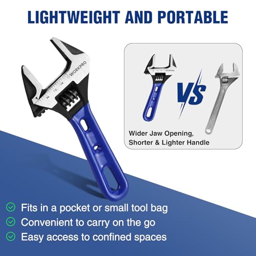 WORKPRO 4-Inch Stubby Adjustable Wrench, 0.94-Inch Extra Wide Jaw Opening Wrench, Metric/SAE Scales, Cr-V Steel, Ideal for Work in Confined Spaces by WORKPRO - Image 4