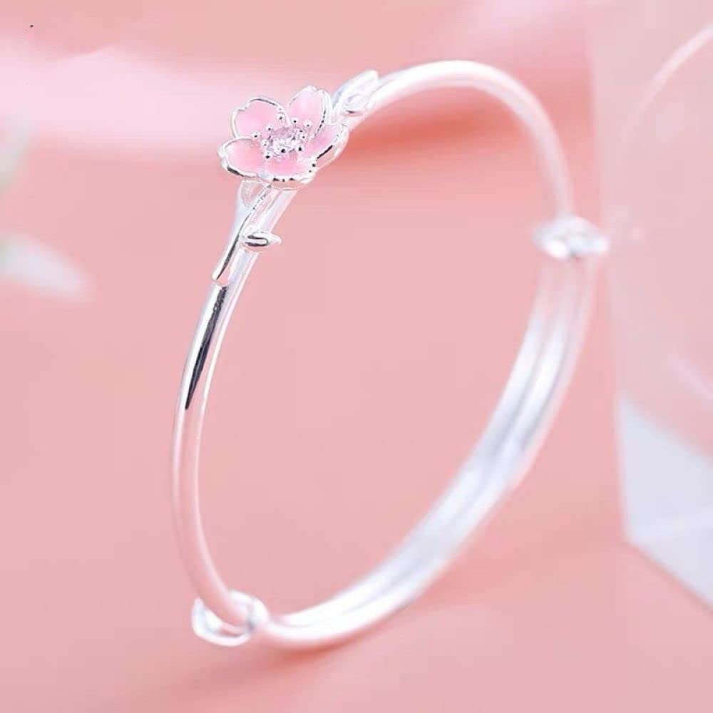 Armband Damen Silber,999 Sterling Silber Armband Rosa Kirschblüte Verstellbare Manschette Armreif Freundschaftsarmband Schmuck Geschenke Für Frau Freundin Zum Geburtstag