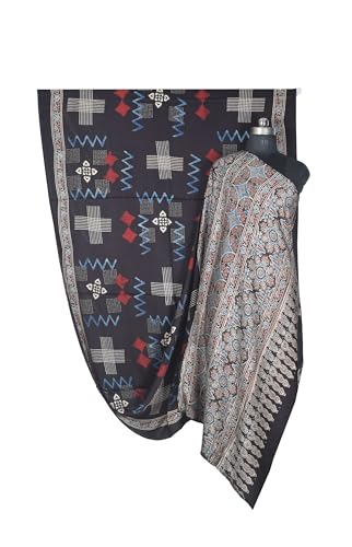 Image of Ethnics of Kutch Ajrakh Modal Silk Saree For Women | Natural Dye Hand Block Print |With Unstitched Blouse Piece | 5.5 Mtr Length (Black 27A01K)