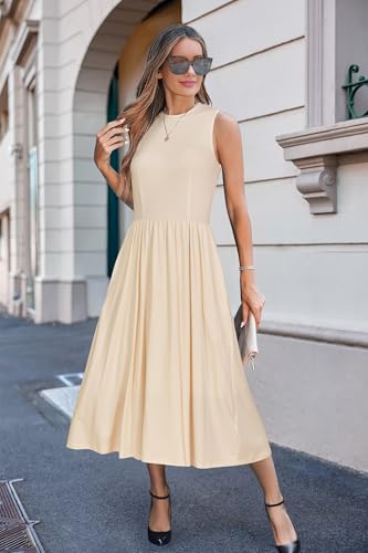 Image of Newshows Women 2025 Work Dress Sleeveless Crew Neck Office Business Casual Outfits Midi Elegant Dresses with Pockets