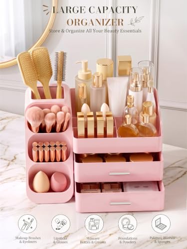 Pink Makeup Organizer with Drawer for Bathroom Countertop Dresser Desk use - image 3