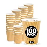 Zuvo Coffee Cups 8 OZ - NO Lids - 100 Disposable Brown Ripple Coffee Cups - Ideal for Takeaways