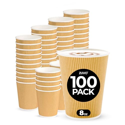 Zuvo Coffee Cups 8 OZ - NO Lids - 100 Disposable Brown Ripple Coffee Cups - Ideal for Takeaways