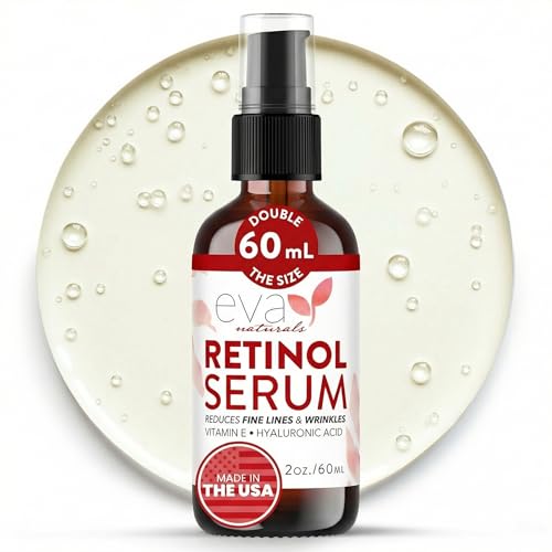 Retinol Serum 2.5% by Eva Naturals (60 ml, Double-Sized Bottle) - Best Anti-Aging Serum, Minimizes Wrinkles, Helps Prevent Sun Damage, and Fades Dark Spots - Vitamin A Retinol with Hyaluronic Acid