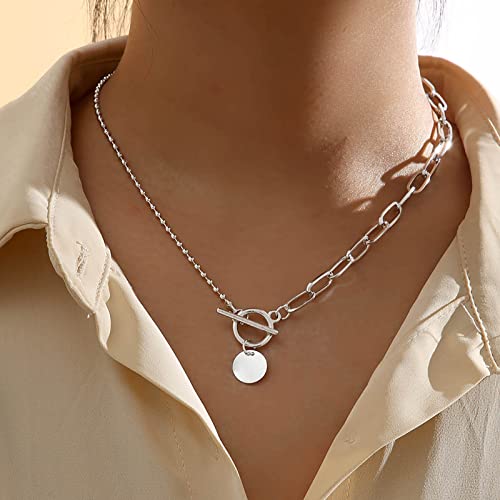 Atentuyi Collier BohoPièces Monnaie Collier Argenté Fermoir Bascule Collier Maillons Forme Trombone Collier Choker Disque Rond Collier Punk Collier Volumineux Pour Femmes Et Filles Bijoux Cover