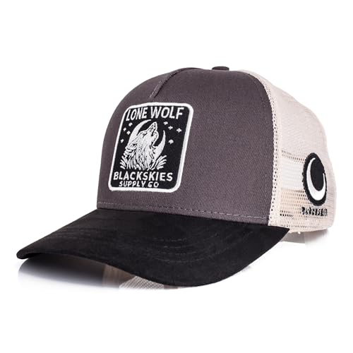 Blackskies® Lone Wolf Trucker Baseball Cap | Herren Damen Premium Snapback Schirm Mütze Kappe Basecap - Männer Frauen Wolf Natur Stark Wildnis Outdoor Schwarz