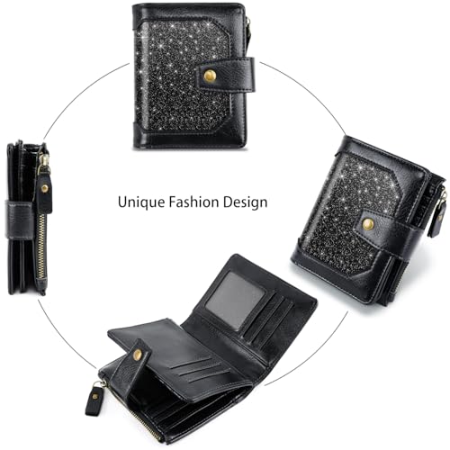 Image of Women Leather Wallet RFID Blocking Small Bifold Zipper Pocket Wallet Card Case Purse with ID Window, Black Glitter