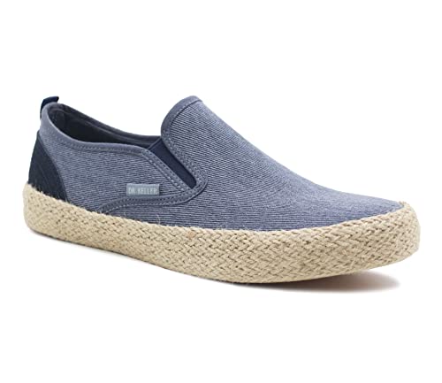 Dr Keller Mens Canvas Slip On Denim Lightweight Casual Pumps Woven Rope Sole Boat Shoes Flat Deck Shoes (Navy), 12 UK
