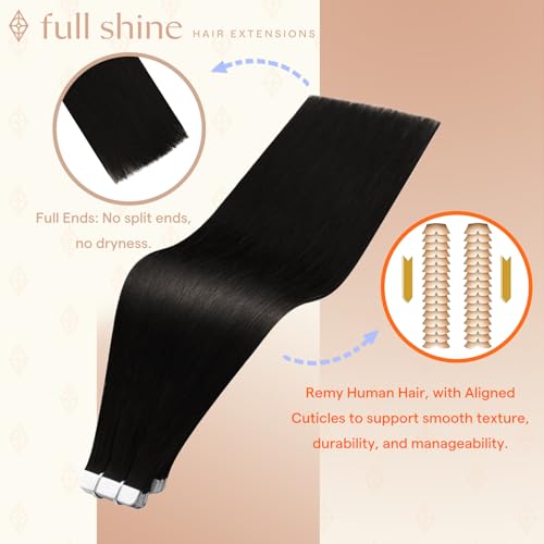 Image of Full Shine Tape Ins Human Hair Extensions, Natural Black 16 Inch | 50g 20PCS, Invisible Brazilian Double Sided Human Hair Tape in Extensions, Straight Seamless Aesthetic Appeal Add Volume