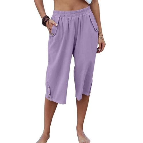 Women Casual Capri Pants Summer Lightweight Elastic Waist Wide Leg Loose Yoga Cropped Pants With Pockets Purple #TOP1
