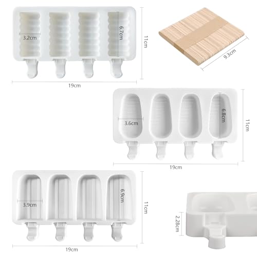 Stampo per gelato in silicone, 3 Pezzi 12 celle Pop Ice Lolly stampo Maker da dessert congelato Popsicle in silicone per torte, riutilizzabili, con 50 bastoncini in legno - immagine 3