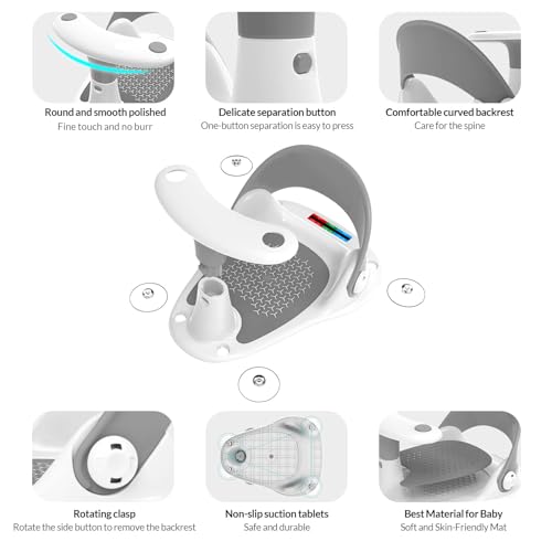 BKFEDLU Baby Bath Seat,Infant Bath Seat for Babies 6 Months & Up,Baby Bath Chair Baby Tub Seat,Baby Bathtub Seat with Thermometer/Baby Bath Toys/with 4 Secure Suction Cups Toddler Bath Seat(Gray) - Thumbnail 5