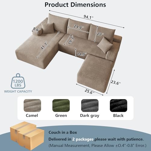 Image of 95 inch Cloud Sectional Couch with Ottoman,Modern U-Shaped Cloud Couch with Deep Seat,Comfy Corduroy Sofa,Memory Foam Sofa for Living Room,No Assembly (Camel,Left-Facing Chaise)