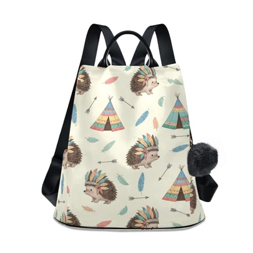 Sac à dos classique pour femmes beige avec motif hérisson mignon et multipoche