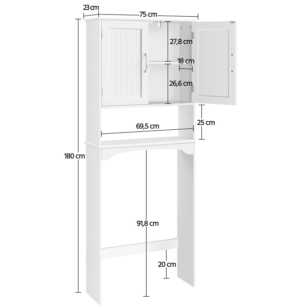 Yaheetech Mobile per Lavatrice Mobiletto da Terra sopra WC Scaffale sopra Toilette con Ripiano e Ante Organizzatore Bagno Design Moderno 75 x 23 x 180 cm