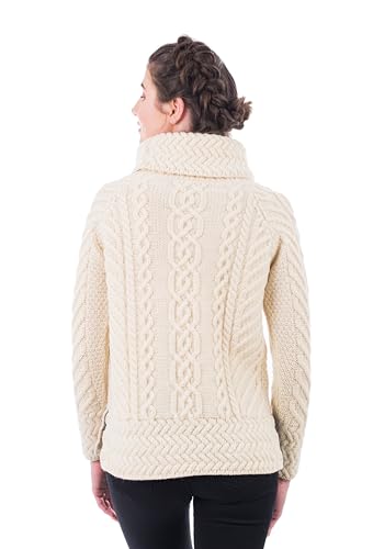 Image of SAOL Aran Irish Sweater for Women - Made of 100% Merino Wool - Ireland Fisherman Cable Knit Ladies Pullover