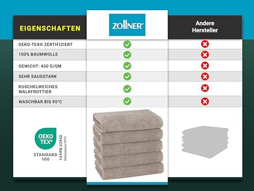 ZOLLNER 5er Set Duschtücher in 70x140 cm - weiche und saugstarke Handtücher in Fango - mit praktischem Aufhänger - waschbar bis 95°C - Baumwolle - Hotelqualität