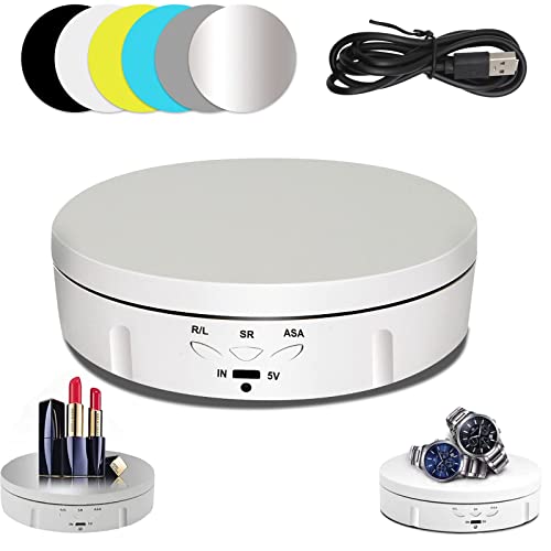 Motorized Rotating Display Stand, 360 Degree Turntable Display Stand with 6 Color Background Boards for Photography Products Shows, Toys, Jewelry, Battery/USB Power Supply 14.6cm/22LB Load (White)