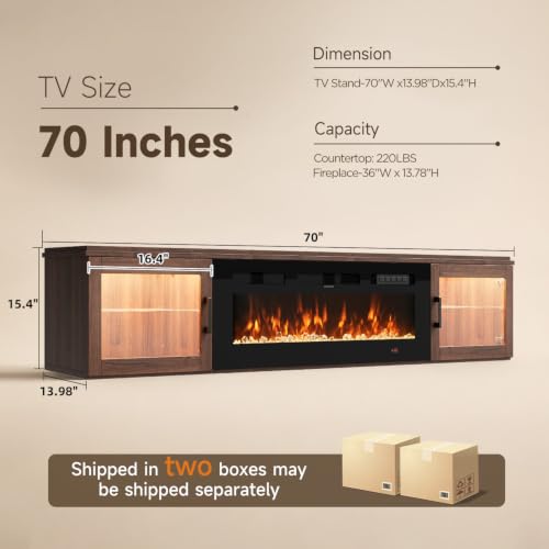 Image of 70 inch Floating TV Stand with Fireplace, High Gloss Finish Wall Mounted Fireplace Entertainment Center with Storage for TVs Up to 80 inch, Brown