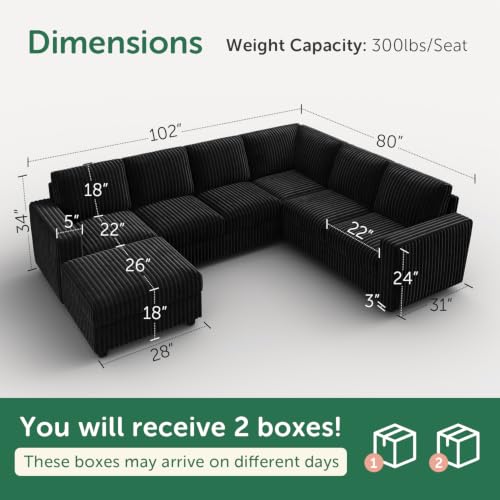 Image of HONBAY Corduroy Sectional Sofa with Ottoman, 7 Seat U Shaped Couch, Black | U-Shaped Sectional Couch with Storage Ottoman, Sectional Sofa for Living Room, Removable Cushion Covers