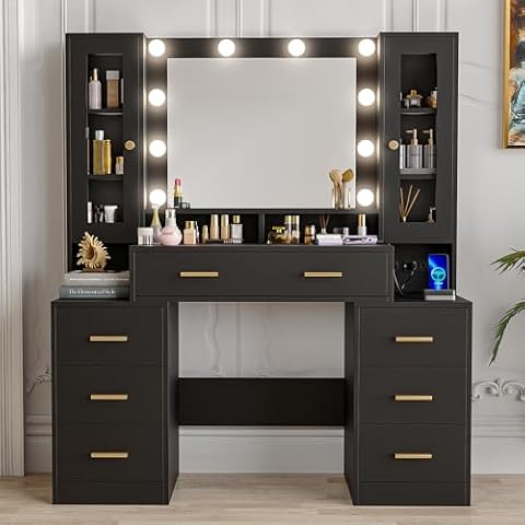 elifine Vanity Desk with Mirror and Lights & Charging Station, Makeup Vanity Mirror with 3 Colors Lighting Adjustable Brightness, Large Dressing Table with Nightstand, 7 Drawers & 2 Cabinets Cover
