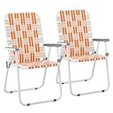 Set of 2 Webbed Folding Beach Chairs, Outdoor Patio Lawn Foldable Chairs for Camping Fishing Yard Poolside BBQ (Orange & White)