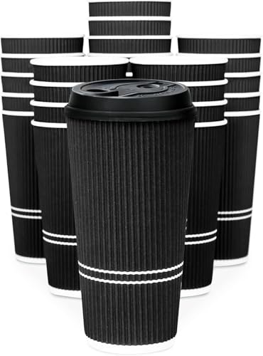 Glowcoast 22 oz Disposable Coffee Cups with Lids - Insulated Paper Hot Cups, No Sleeve Needed, Black (50 Pack)