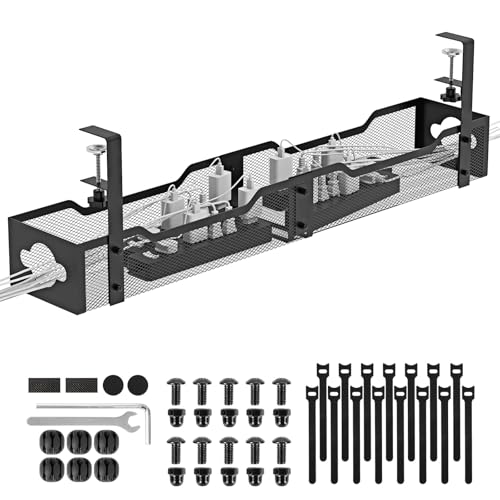 Under Desk Cable Management Tray, No Drill Cable Management Mesh Wire Organizer Side Opening Design for Home, Office, Internet Cafe, Kitchen (Black, 1 Pack 25'')