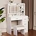 Viaozutis Vanity Desk with a Mirror and Lights，with Chair and Four Drawers, Three Adjustable Lighting Modes，with Power Outlet and Sliding LED Mirror,Bedroom Vanity Desk (White)