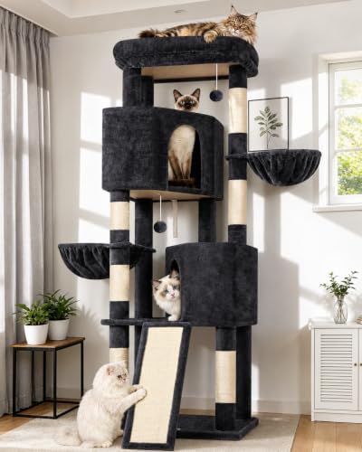 Globlazer S69B Kratzbaum XL Stabil Hoch 180 cm für Große Main Coon Katzen | Katzenbaum grosse katzen stabil mit 2 Groß Katzenhaus, Kratzrampe Sisal, Groß Plattform, 2 Korb, für Aus