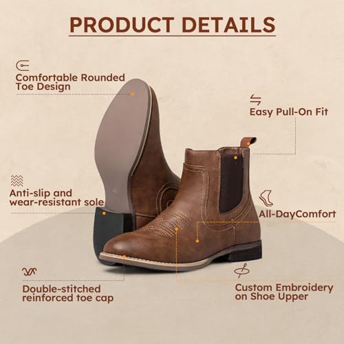 Image of J's.o.l.e Chelsea Cowboy Boots for Men Round Toe Western Slip on Boot Dress Casual Work Ankle Boots Brown