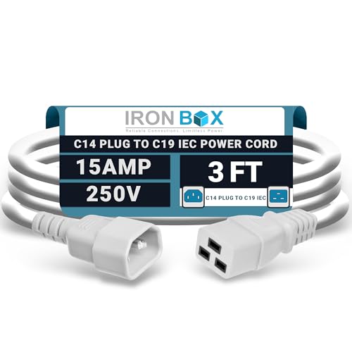 Image of IronBox Electric - Heavy-Duty C14 to C19 Power Cord, 15A, 250V, 14 /3 SJT - IEC60320 PC Cable for Computer Extensions, Monitor, PSU - C14 Male to C19 Female Connector Power Cable - (White 3 Foot)