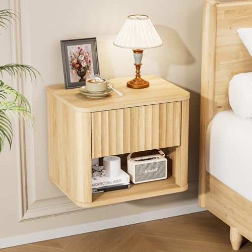 VINGLI Floating Nightstand, Fluted Night Stand Rounded Edge, 1 Drawer